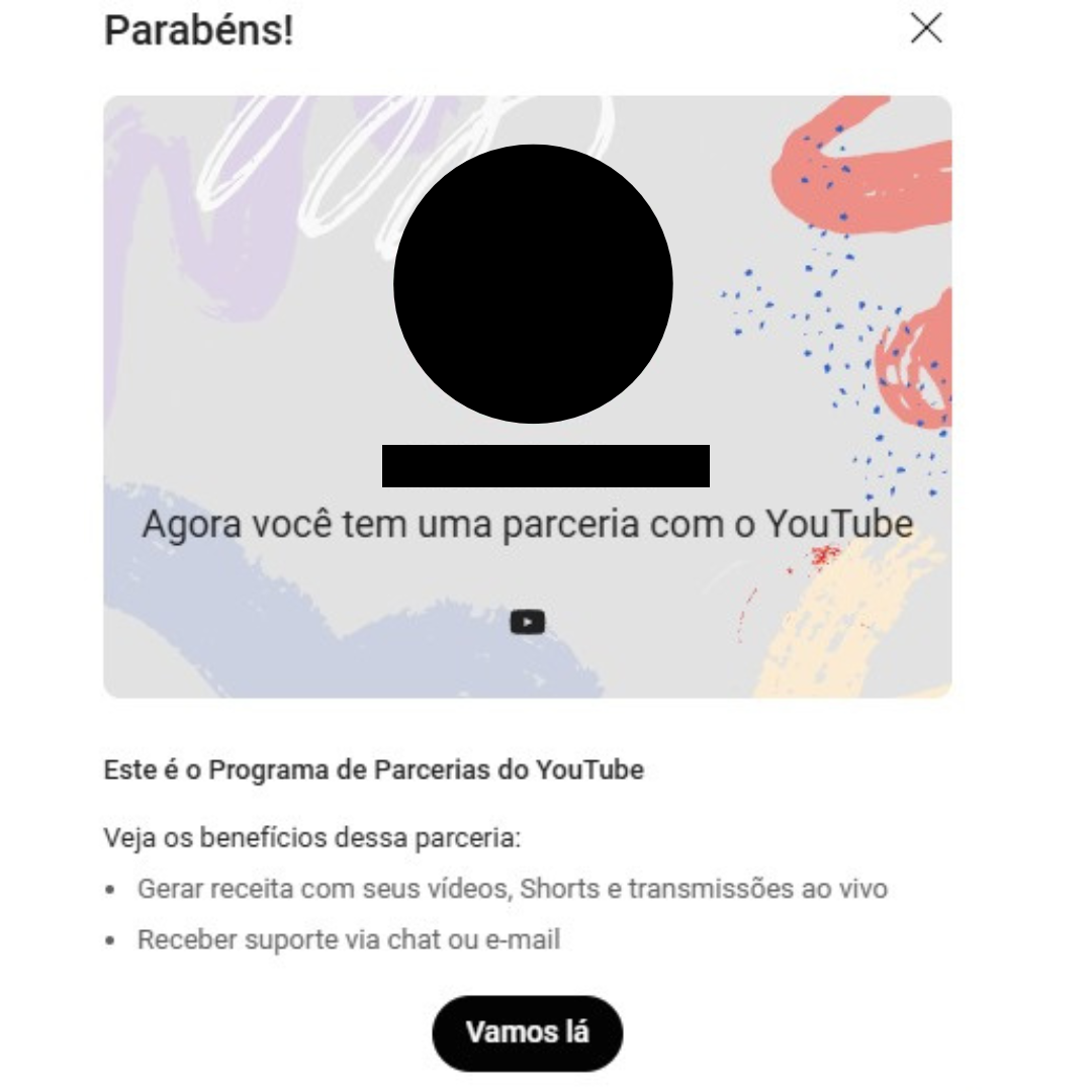 Print anonimizado de aprovação no Programa de Parcerias do YouTube